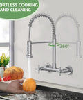 Rock Solid Wall Mount Kitchen Faucet With Smooth Dual Handles And No Fuss Two Function Spray For Laundry Or Commercial Sinks Built Tough From Lead Free Brushed Nickel Stainless Steel, 360° rotating spout in action.