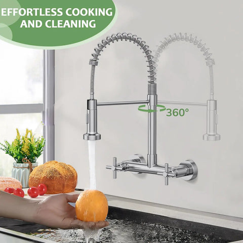 Rock Solid Wall Mount Kitchen Faucet With Smooth Dual Handles And No Fuss Two Function Spray For Laundry Or Commercial Sinks Built Tough From Lead Free Brushed Nickel Stainless Steel, 360° rotating spout in action.