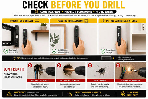 Handheld Wire And Pipe Detector With No Sweat Air Calibration And Adjustable Sensitivity For Snagging Hidden Live AC Wires And Metal Pipes Behind Drywall Like A Seasoned Handyman