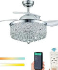 36 Inch Dimmable Ceiling Fan Chandelier With Lights And Remote Fandelier Lit Crystal Ceiling Fan With Retractable Invisible Blades And LED Lighting For Bedroom And Living Room Chrome Finish