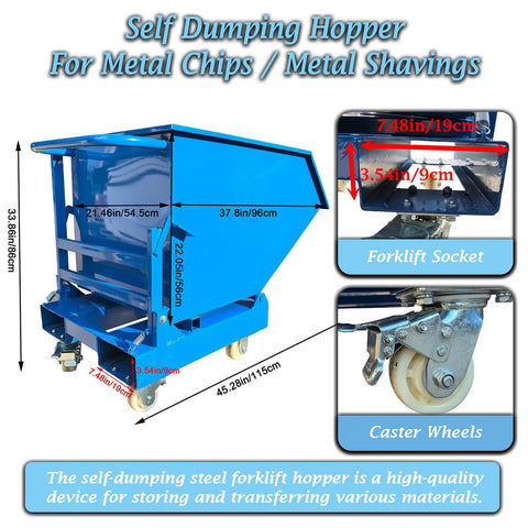 Heavy Duty Steel Self Dumping Hopper And Forklift Bin With Dual Brake Casters And Drain Valve, 2200 Lb Job Site Beast For Warehouse Hauling, Built Like A Tank To Slash Your Daily Grind, showcasing dimensions and features.