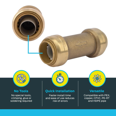 Three Quarter Inch Push To Connect Brass Check Valve For Water Lines And Plumbing Fittings PEX Copper CPVC PERT HDPE
