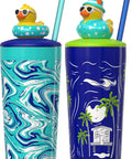 Two Pack 20 Oz Stainless Steel Tumbler With Pop Topper And Straw Interchangeable Character Topper For Your Personal Style BPA Free Insulated Cup With Leak Resistant Lid Vacation Marble Design Reusable Travel Cup