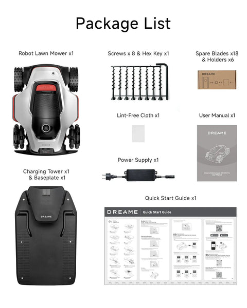 LiDAR 2500 Robotic Lawn Mower With Pro AI Vision True 4WD Traction Dual Disc Cutting package contents overview