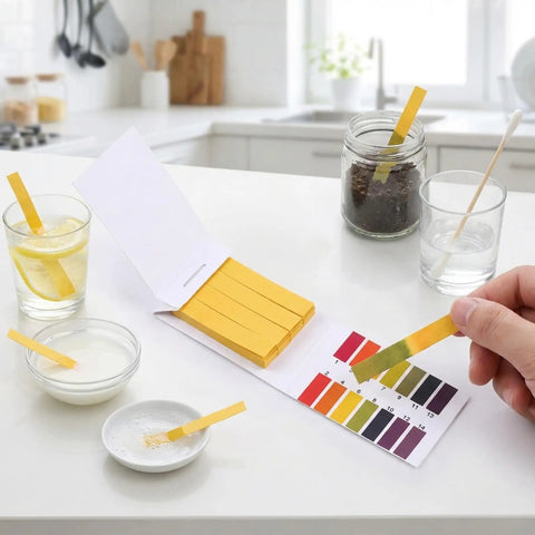 All Purpose Litmus Paper 1-14 Acid Test Strips Kit, Ten Pack For Wet Soap, Lemon Juice, Milk, Detergent, Wet Soil, Saliva, Sweat, And Aquarium Water Testing, Great For At Home Lab Use displayed on kitchen countertop with liquids.