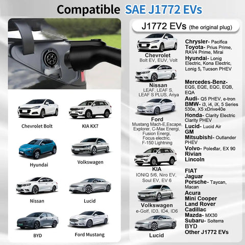 Heavy Duty J1772 Portable Ev Charger Level 1 And 2 Plug Straight In Setup 16 Amp 120v 240v Ready 25 Foot Beefy Cord displayed with compatible SAE J1772 EVs.