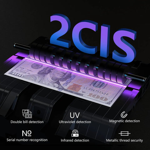 Ultra Series Mixed Denomination Money Counter With Dual Pocket And Reject Pocket 6.9 Inch Full Touchscreen Multi Currency Sorter Bank Level Counterfeit Detection For Fast Cash Handling showing ultraviolet detection in action with currency note.