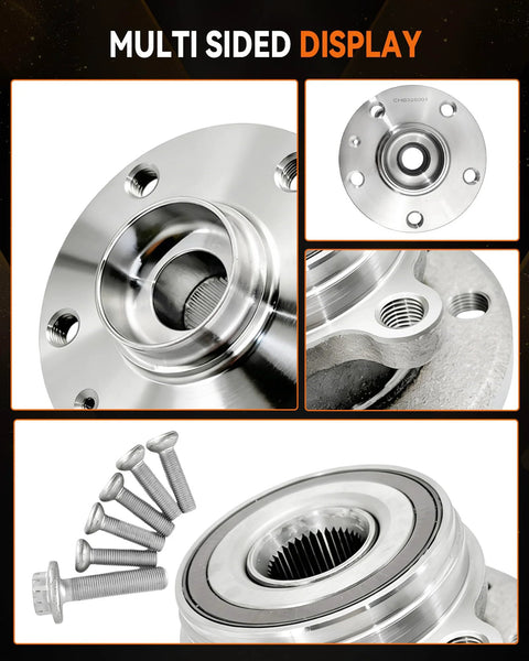 Multi-sided view of Two Piece Front Wheel Hub Bearing Assembly Compatible With Audi A3 Q3 TT Beetle Jetta CC EOS Golf GTI City Passat R32 Rabbit Tiguan 09 17 2018 Limited No Fuss Drop In For A Solid Smooth Ride On Volkswagen And Audi Models