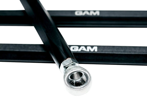 Heavy Duty Radius Arms Kit For X3 XRS XRC XMR 72 Inch Upper And Lower Turret Arms 6061 Aluminum 1040 Carbon Spacers Black Anodized Finish Improved Rigidity Over OEM Made In USA close-up heim joint