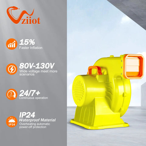Heavy Duty 2HP Inflatable Air Blower For Big Bounce Houses Heavy Hitter Commercial Fan Pump with yellow exterior and waterproof build.