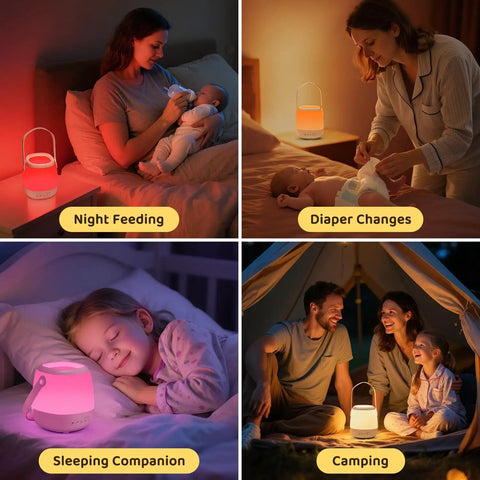 4 In 1 Baby Night Light Sound Machine With 35 RGB Colors And 12 White Noise Options, Cordless USB Egg Lamp illustrating various uses