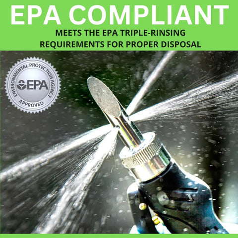 Triple Rinse Spray Nozzle for Chemical Containers, EPA Compliant, 99 Percent Residue Removal In Under A Minute close-up spraying water