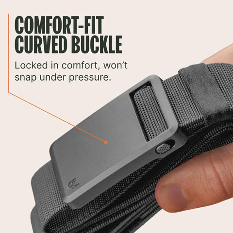 Stretch Nylon EDC Belt With Magnetic Buckle For Everyday Carry Golf Tactical Work And Holster Use Ultralight Comfort And Flexible Fit Size Small 28 To 32 Inches close-up of curved buckle