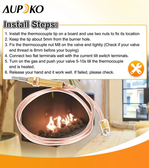 High Quality 24 Inches Long Gas Fireplace Thermocouple With M8x1 Nut And Head Tip coiled near fireplace