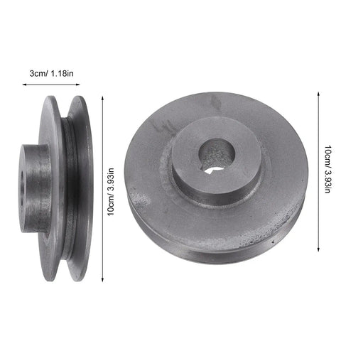 Sturdy Single Groove Cast Iron Motor Pulley With 100Mm O D And 19 Mm Bore For Air Compressor Shaft Replacement Easy Install And Smooth V Belt Drive Rotation shown from the side and top with measurements.
