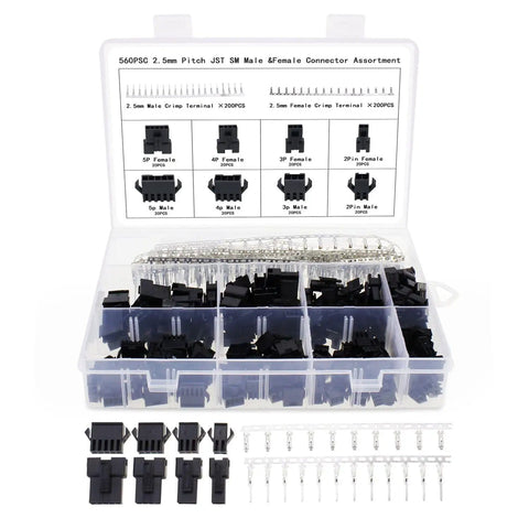 2.5mm Pitch JST SM Connector Kit With 2 3 4 5 Pin Male And Female Housing Plugs 560Pcs Assortment in plastic case