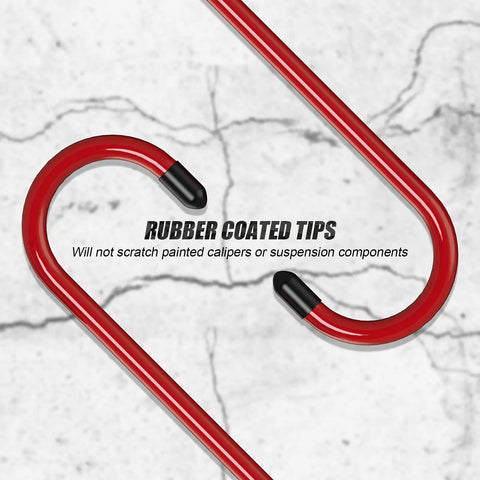 Hella Tough Brake Caliper Hooks With Thick Rubber Pads For Straightforward Disc Service And Pro Level Suspension Overhauls Set Of Two Bright Red Clamps with rubber coated tips.