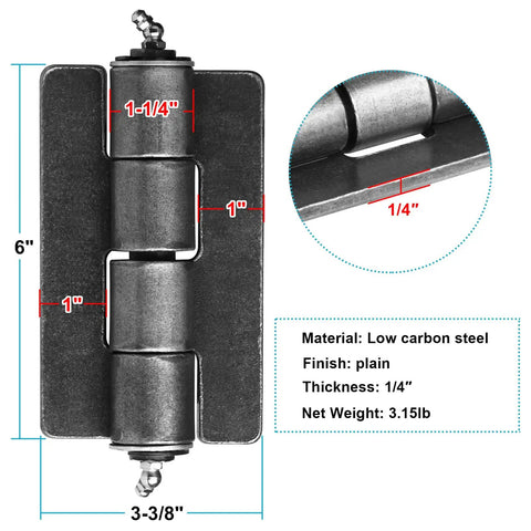 2 Pack 6 Inch Weld On Hinge For Trailers, Beefy Heavy Duty Weldable Trailer Hinge With Grease Zerk Fitting, 1/4 inch leaf, low carbon steel