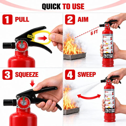 Knock Out Fires Fast With This Badass 2.5 Lb Abc Dry Chemical Fire Extinguisher Featuring A Solid 1A 10BC Rating Packed In An 8 Pack Bundle Perfect For Home Shop Van And Travel Lightweight Safety Solution You Can Trust; instructions on usage with steps for pulling, aiming, squeezing, and sweeping.