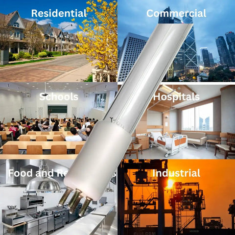 Replacement 29W 254nm UV-C Lamp For Lancaster 7-LWT-UV009 Water System shown across different settings like residential and industrial areas.