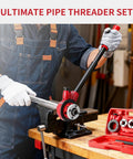 Worker using Ratchet Pipe Threader Kit With Three Dies One Half Inch Three Quarter Inch One Inch NPT And Storage Case