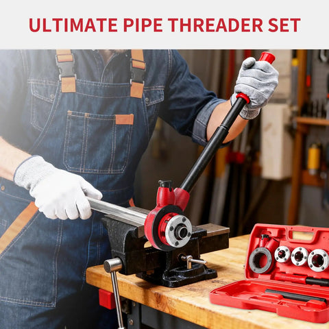 Worker using Ratchet Pipe Threader Kit With Three Dies One Half Inch Three Quarter Inch One Inch NPT And Storage Case
