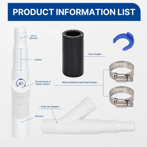 Versatile Dishwasher Drain Hose Adapter Kit With 1/4 Inch Quick Connect Fitting And 7/8 Inch Fitting For Dishwashers No Drilling Required Easy DIY Install Includes Push In Fitting Barb Coupler And Stainless Steel Clamps Fits 1/2 To 7/8 Inch Hoses product components diagram