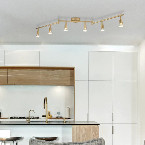 Payton 6-Light Foldable Track Lighting In Painted Brass With Exposed Sockets installed in modern kitchen ceiling