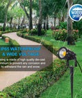 All Metal Landscape Outdoor Spotlights Waterproof IP65 5W 120V Yard Flood Light With path and trees, close-up view