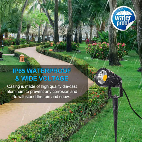 All Metal Landscape Outdoor Spotlights Waterproof IP65 5W 120V Yard Flood Light With path and trees, close-up view