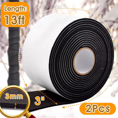 3 Inch By 13Ft Pipe Insulation Tape 2 Pack Weather Resistant Foam Pipe Wrap, black roll with measurements and magnifier.