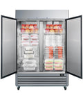 Inside view of Shop Ready Commercial Freezer Upright Refrigerator With No Frost Hassle 49 Cubic Foot, filled with storage containers.