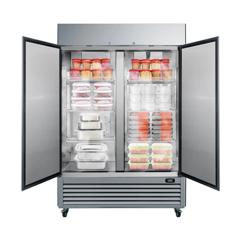 Inside view of Shop Ready Commercial Freezer Upright Refrigerator With No Frost Hassle 49 Cubic Foot, filled with storage containers.