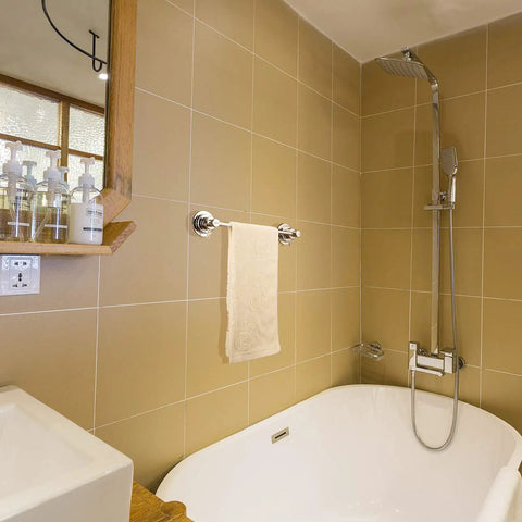 Bathroom with beige tiles featuring No Drilling Suction Cup Towel Bar 16 Inches Heavy Duty Wall Mount Towel Holder beside bathtub