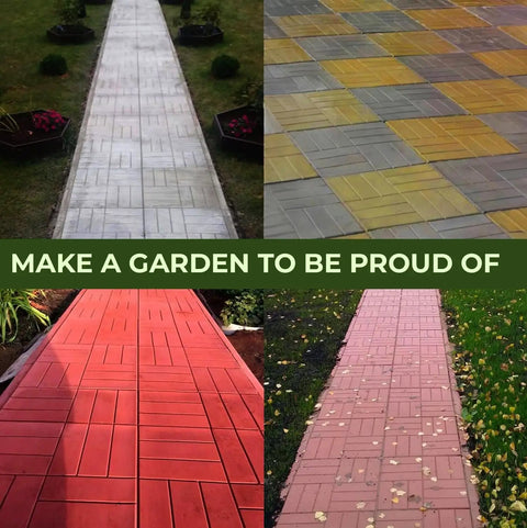 Various walkway designs using Plastic Concrete Molds Pathmaker Set For DIY Patio Paving Slabs Parquet Look Walkway Stones Mold Kit.