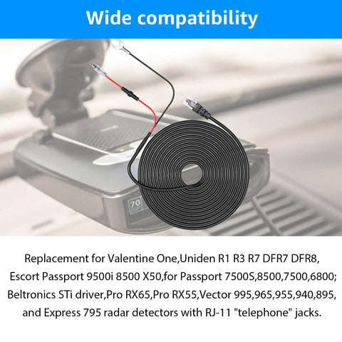 Radar Detector Hardwire Kit for Escort, Valentine One, Uniden, RJ-11 style jack coiled cable with radar detector in background