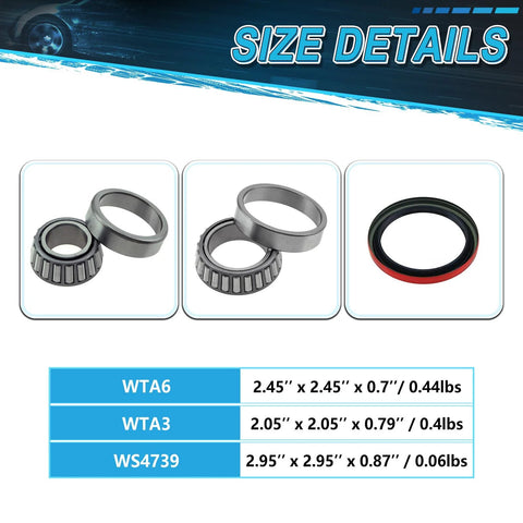 6 Piece Front Wheel Hub Bearing Race Set And Seal Assembly Drop In Replacement Fits Astro 1991 To 2002 C1500 1988 To 1991 Impala 1994 To 1996 GMC Safari 1991 To 2002 Includes WTA6 WTA3 WS4739 Replacement Kit with size details