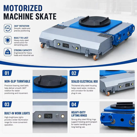 Heavy Duty 40 Ton Electric Machinery Skate Dolly With Remote Control For Moving Heavy Equipment Like A Pro, 360 Degree Non Slip Load Plate, High Power Low Noise Motor, Durable Steel Frame image of skate with features labeled