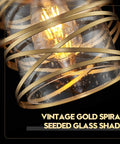 Close-up of gold pendant light with spiral cage and seeded glass shade, part of Gold Pendant Light Set Of 3 With Spiral Cage And Seeded Glass Shades For Kitchen Island Dining Room Bar And Sink Area 6.3 Inch Wide E26 Base Modern Farmhouse Vibe Home Lighting