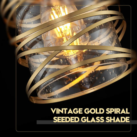 Close-up of gold pendant light with spiral cage and seeded glass shade, part of Gold Pendant Light Set Of 3 With Spiral Cage And Seeded Glass Shades For Kitchen Island Dining Room Bar And Sink Area 6.3 Inch Wide E26 Base Modern Farmhouse Vibe Home Lighting