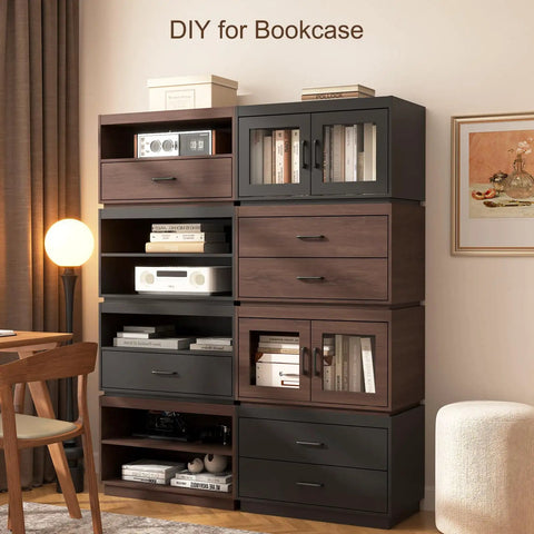 Stackable Storage Drawers 28 Inch Wide Bins With Drawers And Compartments Built From Engineered Wood With A Sleek Metal Handle Modern Large Storage Units For Living Room Hallway Black shown as modular bookcase