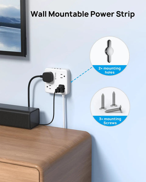 Surge Protector Power Strip With USB Ports, 4 Widely Spaced 3 Prong Outlets, 1440 Joule Surge Protection, wall mounted