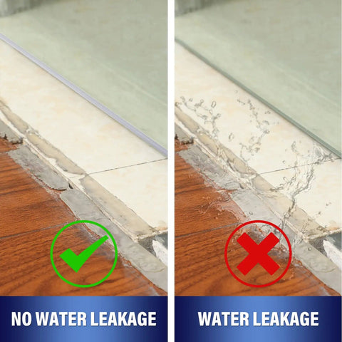 Comparison showing effectiveness of 108 Inch Silicone Shower Door Seal Strip Bottom Sweep For Swing Glass Doors Waterproof Replacement.