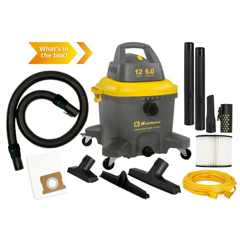 Heavy Duty Contractor Wet Dry Vacuum 12 Gallon 6 Peak HP With Pull Handle For Big Job Sites Cleans Dry And Wet Messes Fast
