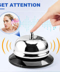 Desk Bell For Service And Reception With Ring Sign, Clear Call Bell For Front Desk, Office, Hotel, Hospital, School, Dinner Bell, Easy To Use, Loud Ring, Double-Sided Sign For Assistance. Stainless steel desk bell pressed by finger.