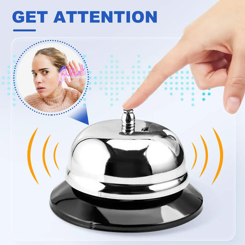 Desk Bell For Service And Reception With Ring Sign, Clear Call Bell For Front Desk, Office, Hotel, Hospital, School, Dinner Bell, Easy To Use, Loud Ring, Double-Sided Sign For Assistance. Stainless steel desk bell pressed by finger.