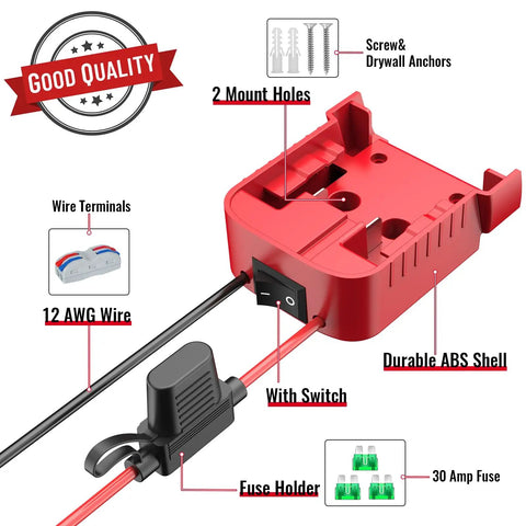 Two Pack Milwaukee 18V Battery Compatible Power Wheel Adapter Kit with Fuse, On Off Switch, 12 AWG Wire, Wire Terminals, ABS Shell