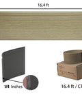 Moisture Resistant Vinyl Baseboard Molding With Wood Grain Finish Quarter Inch Thick Four Inch Tall Rubber Wall Base Trim Waterproof Base Molding For Bathrooms Basements Garages Sixteen Foot Length Easy Install product image detailing dimensions and packaging.