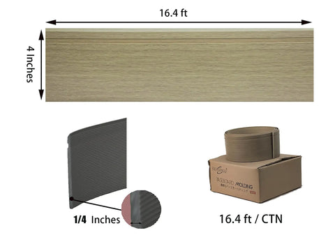 Moisture Resistant Vinyl Baseboard Molding With Wood Grain Finish Quarter Inch Thick Four Inch Tall Rubber Wall Base Trim Waterproof Base Molding For Bathrooms Basements Garages Sixteen Foot Length Easy Install product image detailing dimensions and packaging.