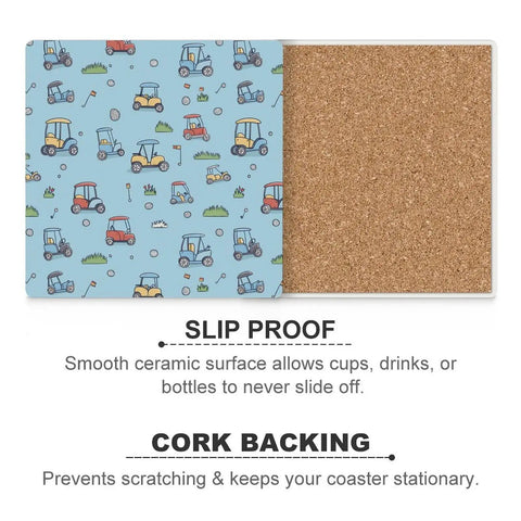 Solid Grip Square Ceramic Drink Coasters With Non Slip Cork Base Waterproof Design To Keep Surfaces Fresh And Dry Real Deal Quality For Home Bars And Coffee Tables, blue golf cart pattern.